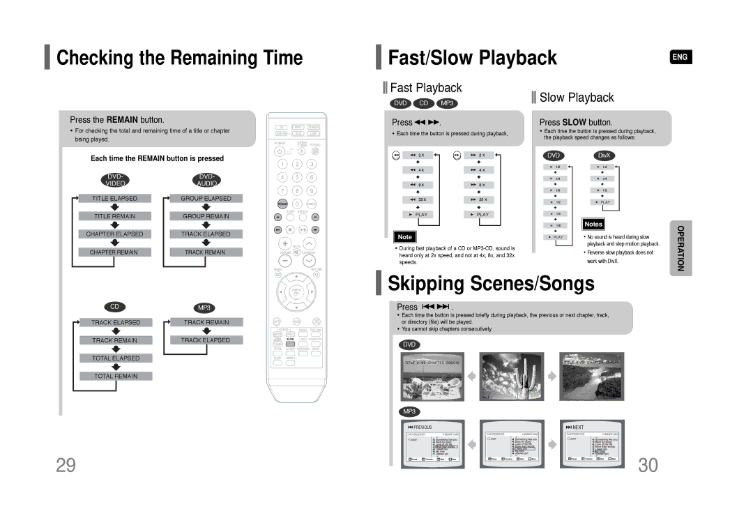 Samsung HT-Q40 instruction manual Fast/Slow Playback, Skipping Scenes/Songs, Checking the Remaining Time 