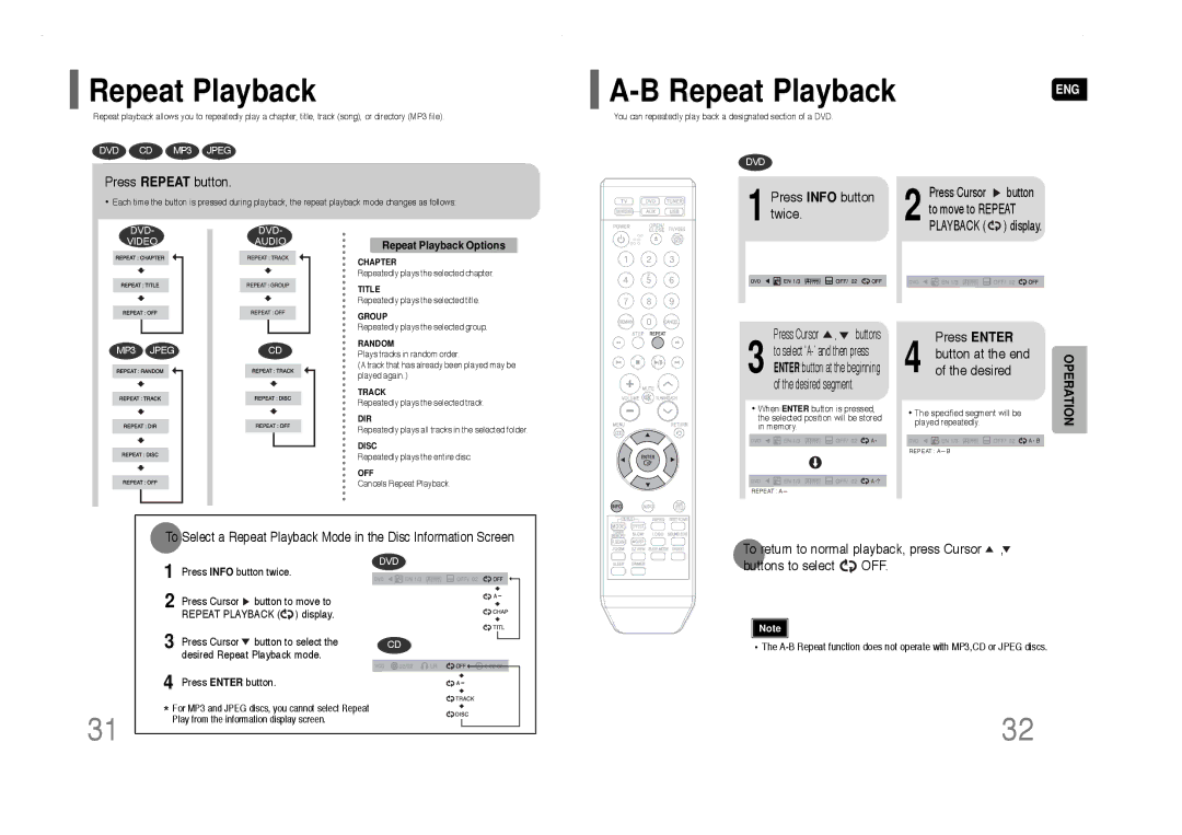 Samsung HT-Q40 instruction manual Repeat Playback, Press Repeat button, Twice, Press Enter Button at the end of the desired 