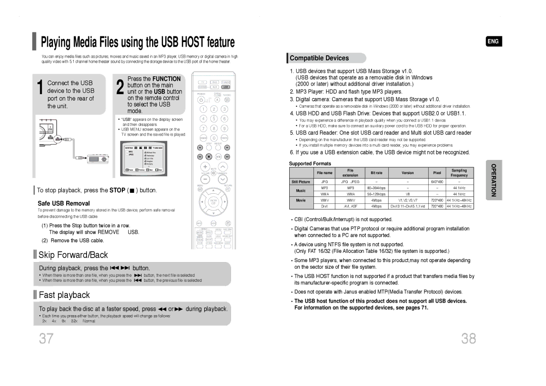 Samsung HT-Q40 instruction manual To stop playback, press the Stop button, Safe USB Removal 