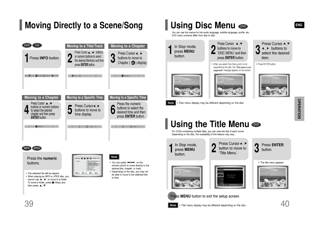 Samsung HT-Q40 instruction manual Using Disc Menu, Using the Title Menu DVD, Moving Directly to a Scene/Song 