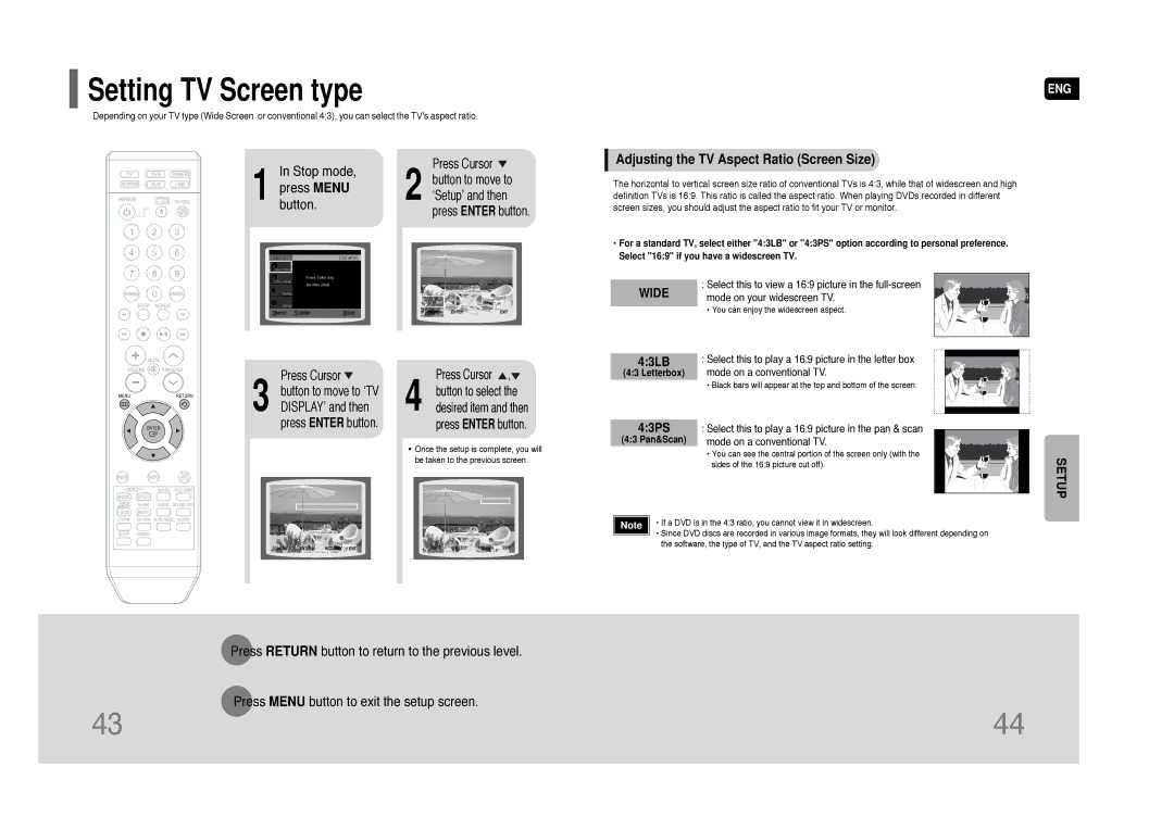 Samsung HT-Q40 instruction manual Setting TV Screen type, Adjusting the TV Aspect Ratio Screen Size 