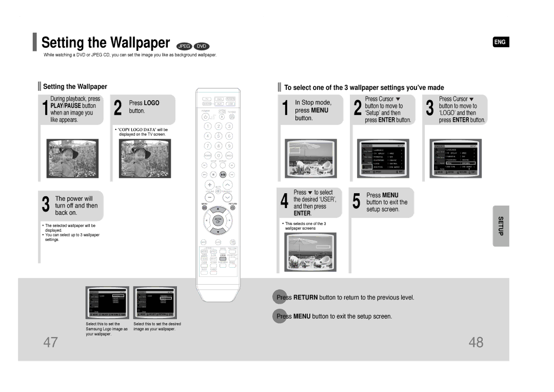 Samsung HT-Q40 instruction manual Setting the Wallpaper Jpeg DVD, Power will turn off and then back on 