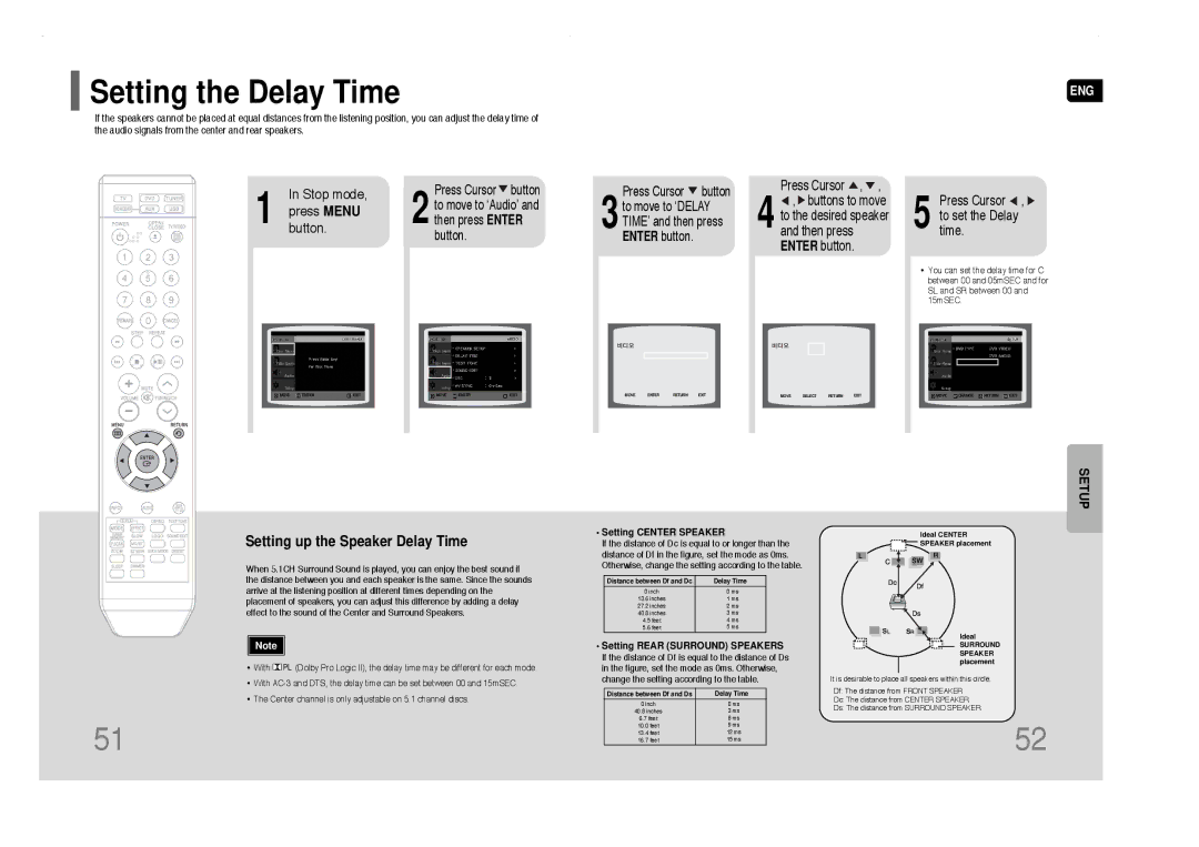 Samsung HT-Q40 instruction manual Setting the Delay Time, Setting up the Speaker Delay Time 