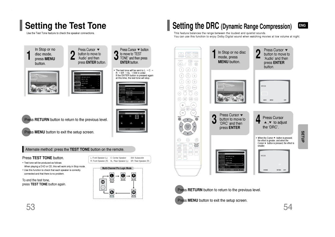 Samsung HT-Q40 instruction manual Setting the Test Tone, Disc mode, Stop or no disc mode, press Menu button 