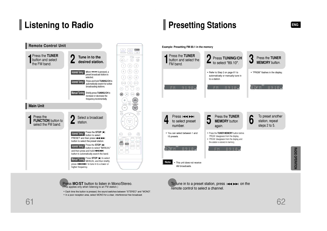 Samsung HT-Q40 Listening to Radio, Remote Control Unit, Tune in to the desired station, Press TUNING/CH, Main Unit 