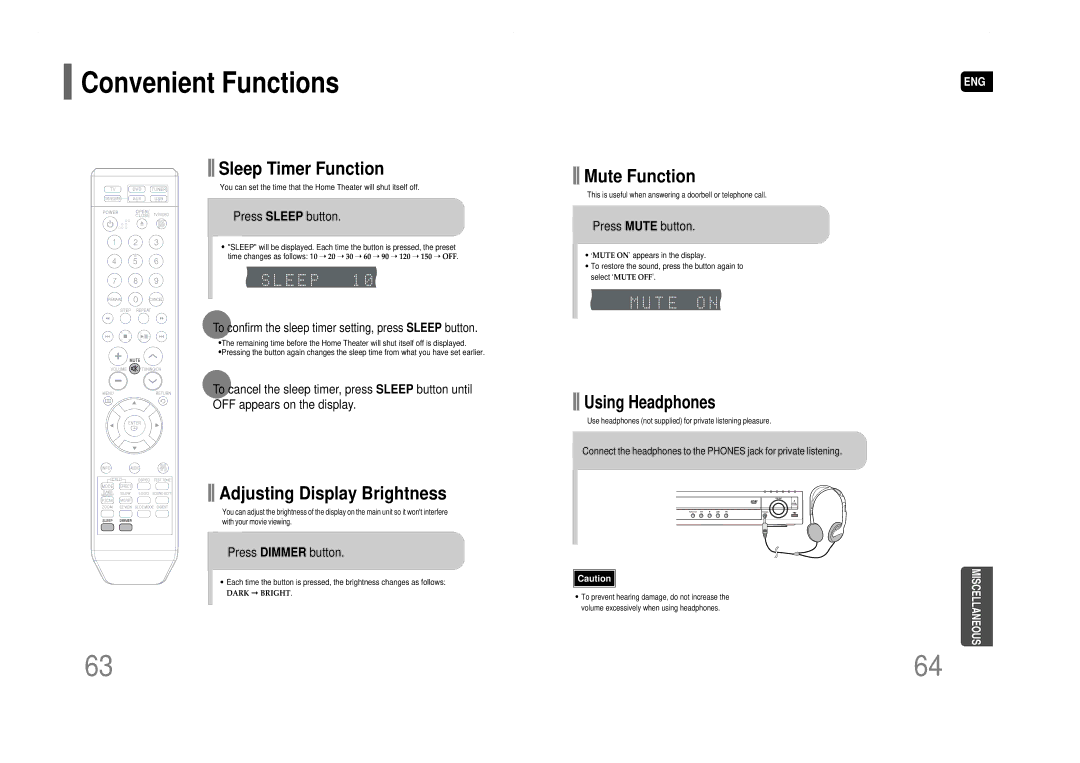 Samsung HT-Q40 instruction manual Convenient Functions, Press Sleep button, Press Dimmer button, Press Mute button 