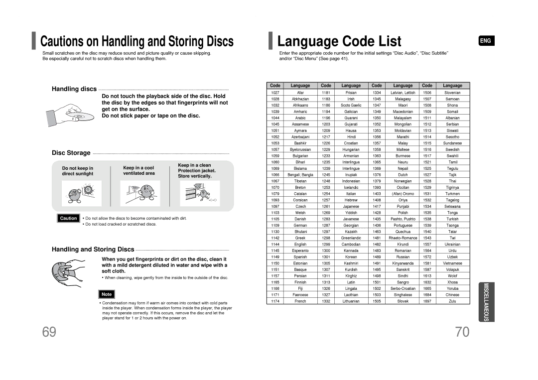 Samsung HT-Q40 instruction manual Language Code List, Disc Storage 