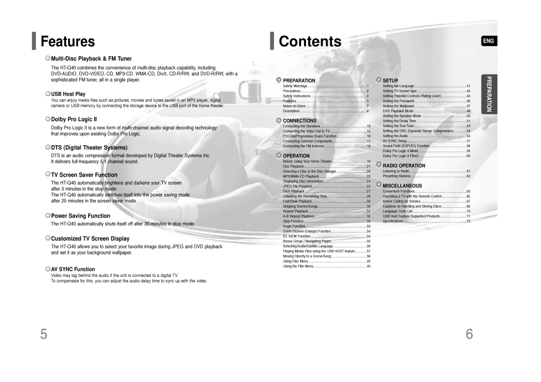 Samsung HT-Q40 instruction manual Contents 