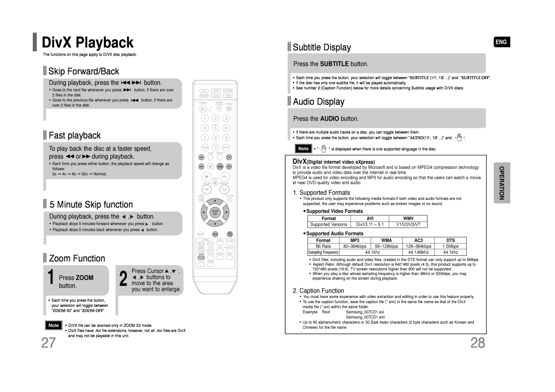Samsung HT-Q40 DivX Playback, Skip Forward/Back, Fast playback, Minute Skip function, Subtitle Display, Audio Display 