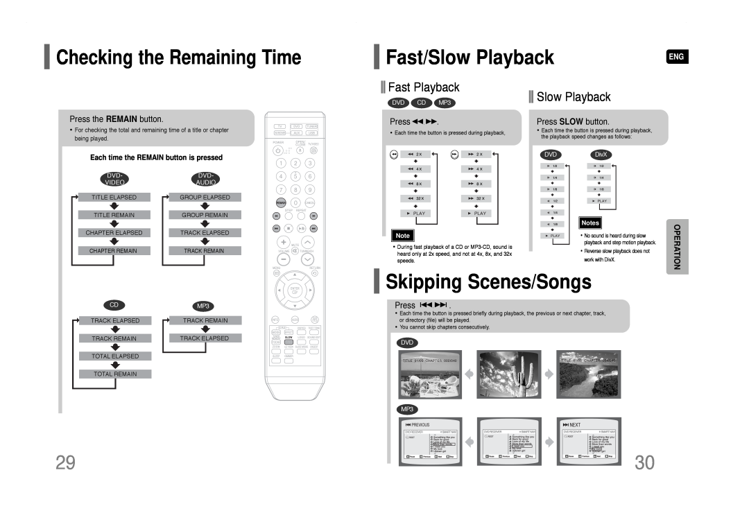 Samsung HT-Q40 Fast/Slow Playback, Skipping Scenes/Songs, Checking the Remaining Time, Fast Playback, Press SLOW button 