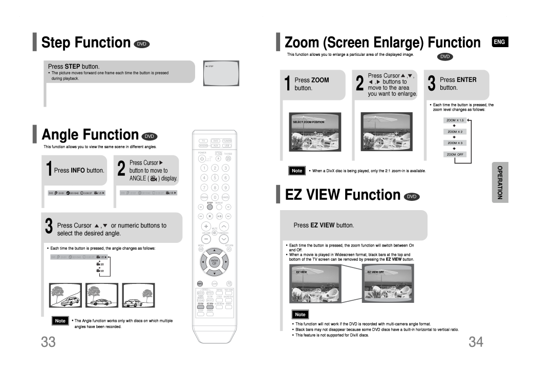 Samsung HT-Q40 Step Function DVD, Angle Function DVD, EZ VIEW Function DVD, Zoom Screen Enlarge Function ENG, Press Cursor 