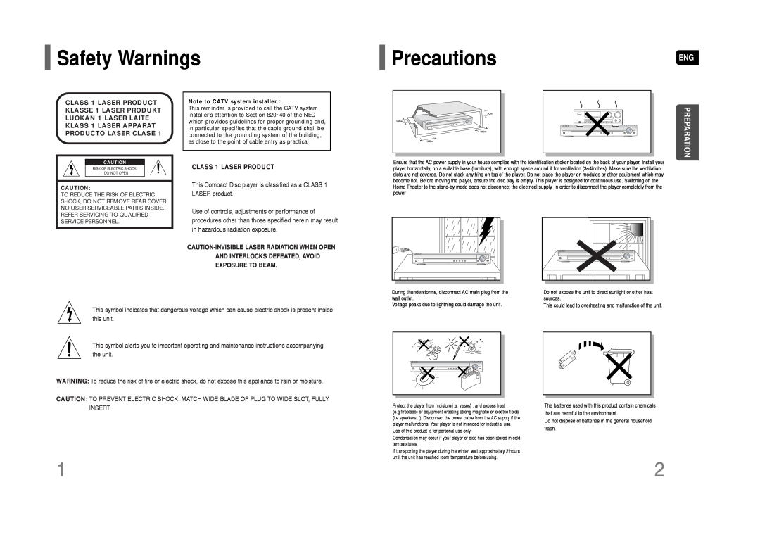 Samsung HT-Q40 instruction manual Safety Warnings, PrecautionsENG, Preparation, CLASS 1 LASER PRODUCT 
