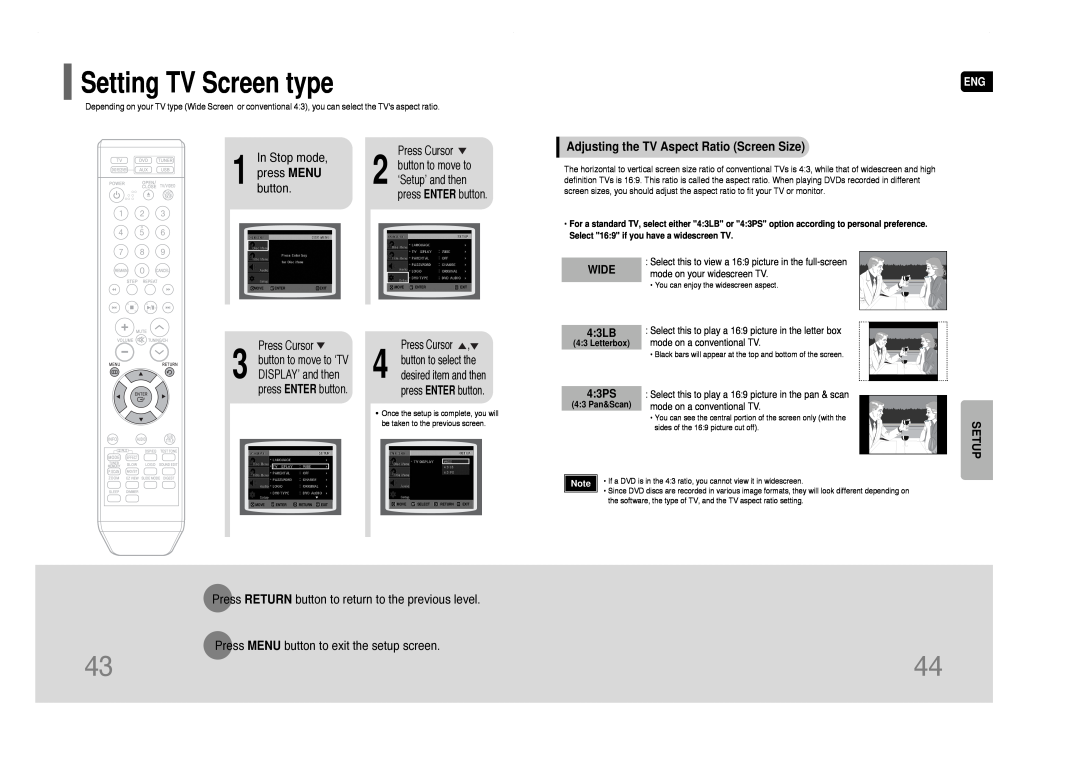 Samsung HT-Q40 Setting TV Screen type, Adjusting the TV Aspect Ratio Screen Size, WIDE 4 3LB, 4 3PS, 2 ‘Setup’ and then 