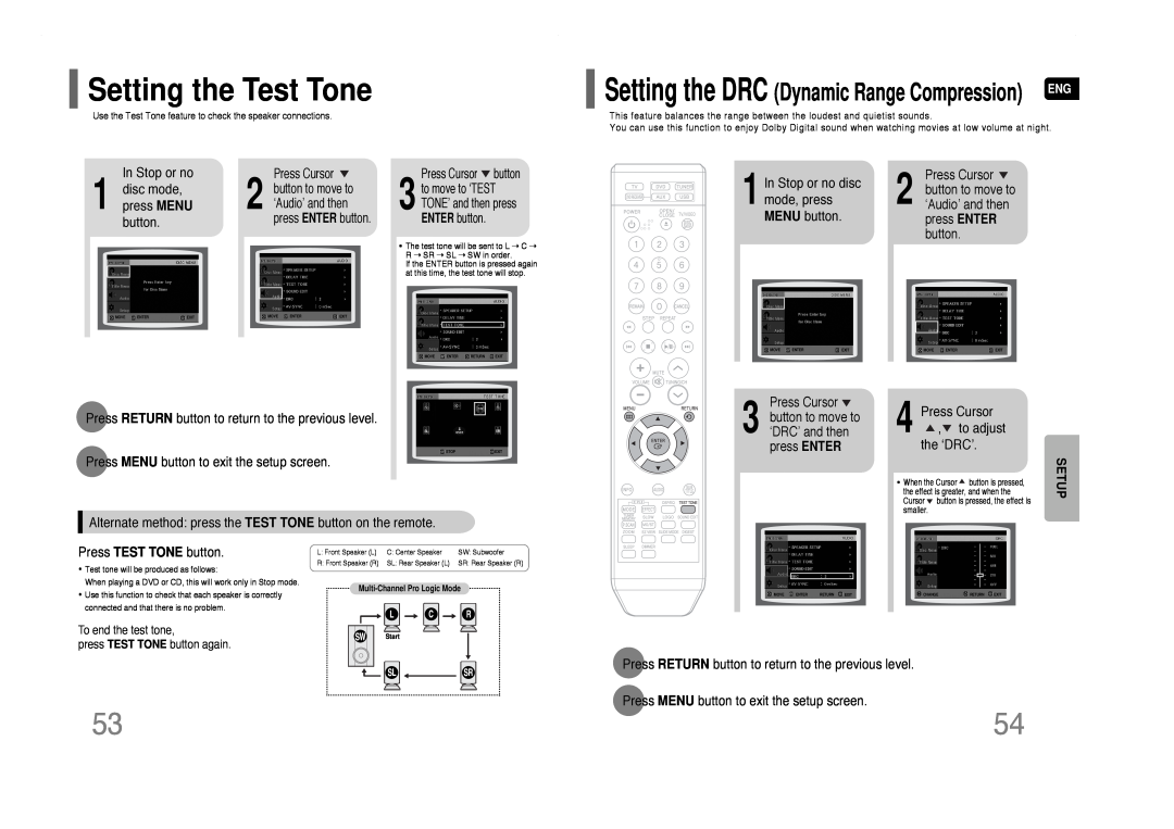 Samsung HT-Q40 instruction manual Setting the Test Tone, Setting the DRC Dynamic Range Compression, Setup 