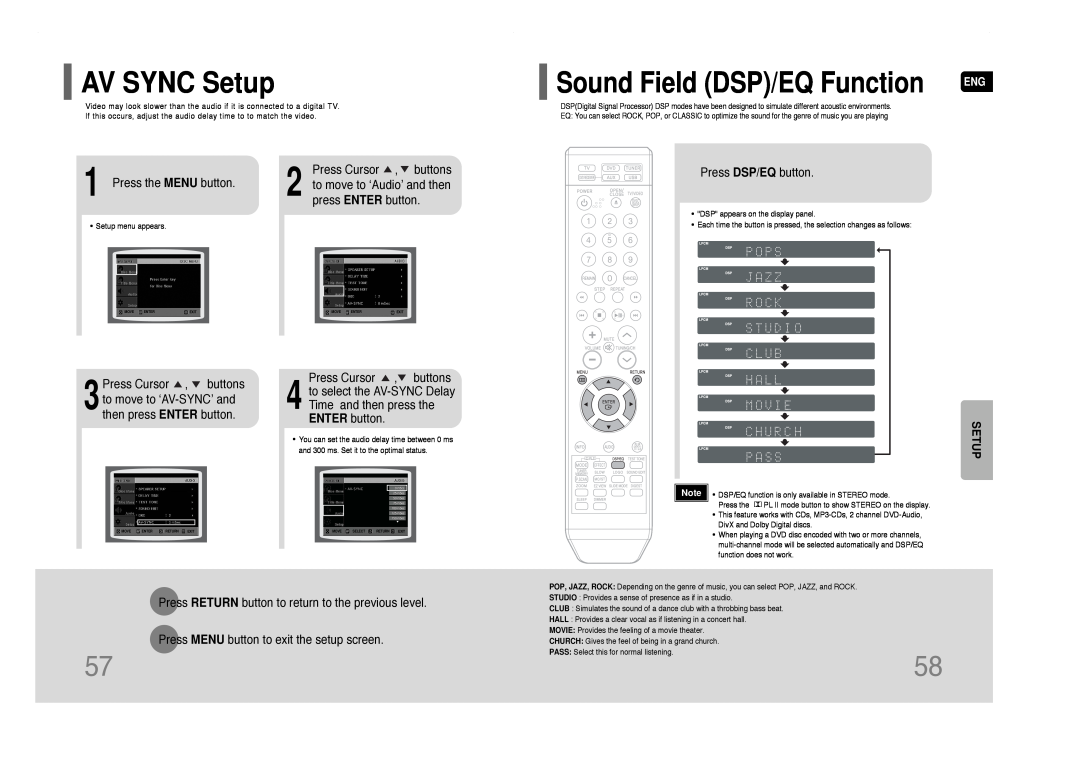 Samsung HT-Q40 instruction manual AV SYNC Setup, Sound Field DSP/EQ Function 