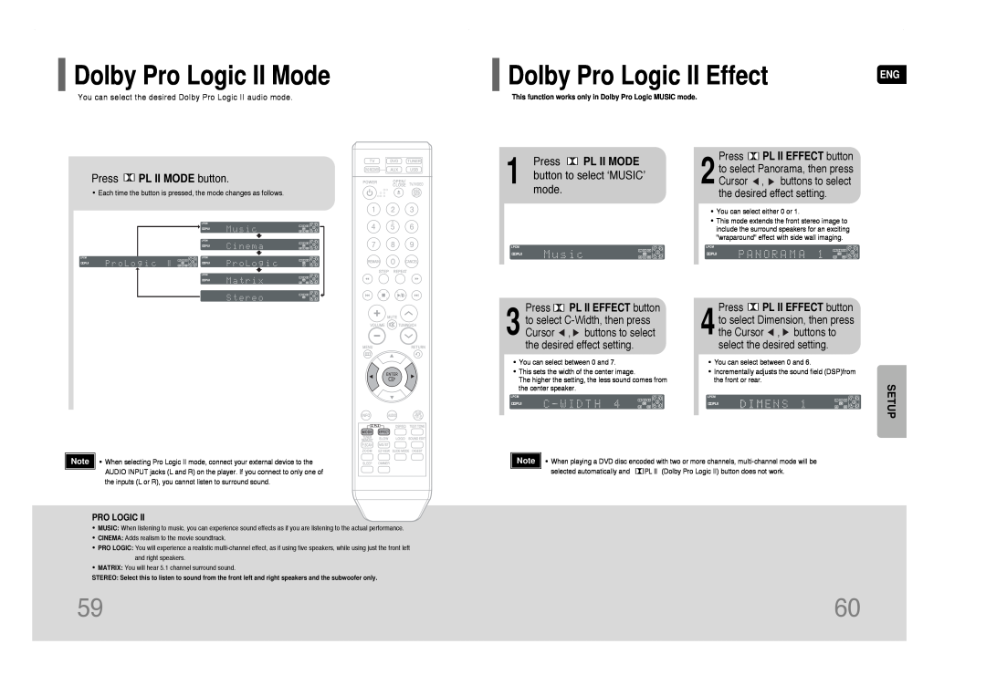 Samsung HT-Q40 Dolby Pro Logic II Mode, Dolby Pro Logic II Effect, Press PL II MODE button, button to select ‘MUSIC’, mode 