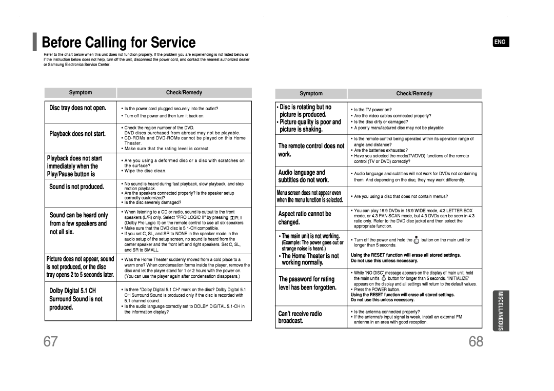 Samsung HT-Q40 instruction manual Before Calling for Service, Miscellaneous 