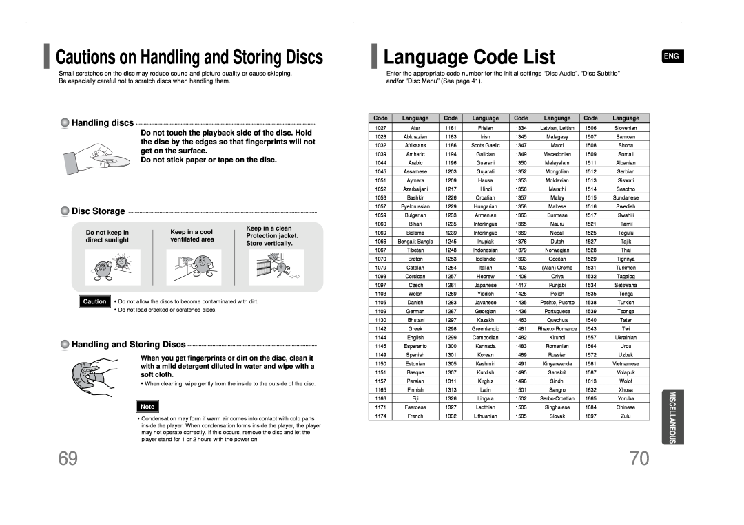 Samsung HT-Q40 Language Code List, Cautions on Handling and Storing Discs, Handling discs, Disc Storage, Miscellaneous 