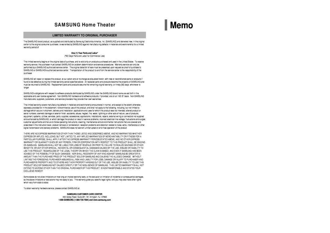 Samsung HT-Q40 Memo, SAMSUNG Home Theater, Limited Warranty To Original Purchaser, One 1 Year Parts and Labor 