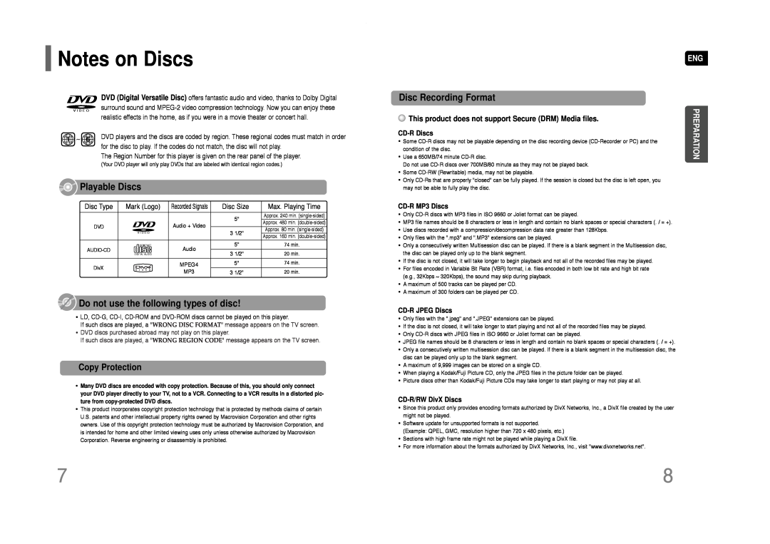 Samsung HT-Q40 Notes on Discs, Disc Recording Format, Playable Discs, Do not use the following types of disc, Preparation 
