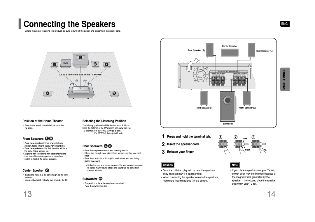 Samsung HT-Q40 Connecting the Speakers, Position of the Home Theater, Selecting the Listening Position, Front Speakers L R 