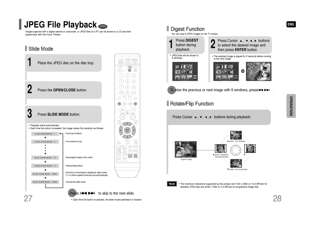 Samsung HT-Q45 instruction manual Jpeg File Playback Jpeg, Digest Function, Slide Mode, Rotate/Flip Function 