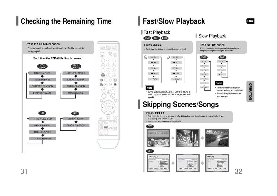 Samsung HT-Q45 instruction manual Skipping Scenes/Songs, Checking the Remaining Time, Slow Playback 