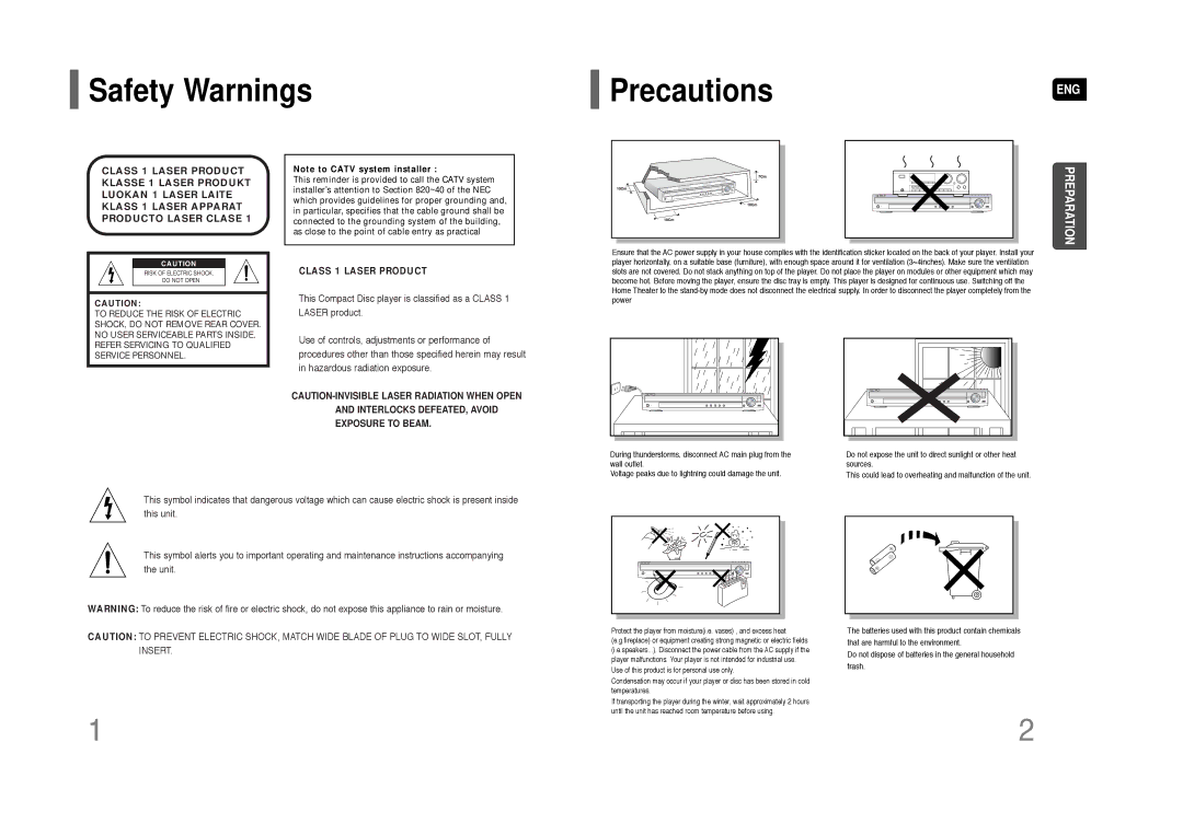 Samsung HT-Q45 instruction manual Safety Warnings PrecautionsENG, Class 1 Laser Product 