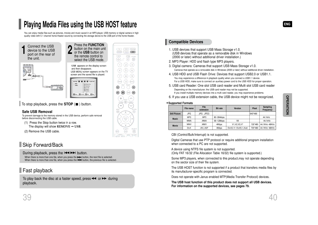 Samsung HT-Q45 instruction manual To stop playback, press the Stop button, Safe USB Removal 