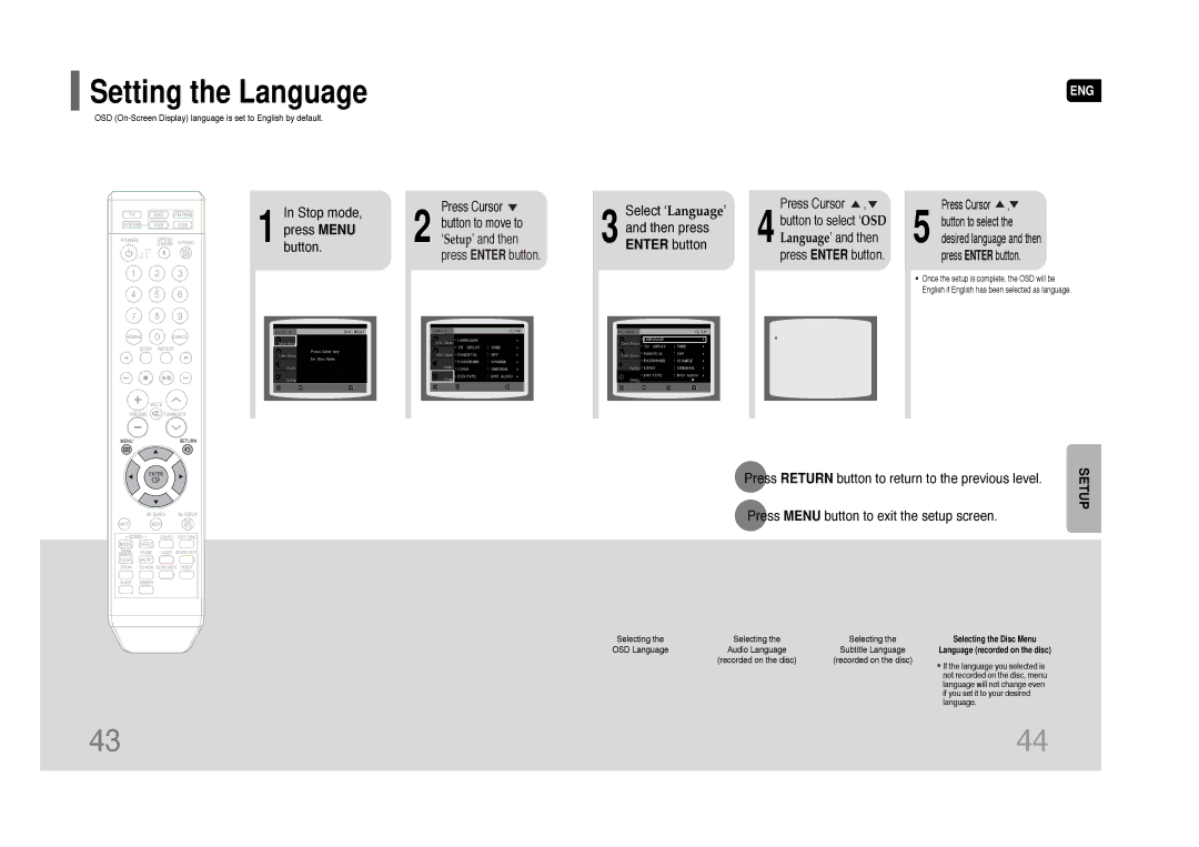 Samsung HT-Q45 instruction manual Setting the Language, Select ‘ Language’, Then press, Enter button 