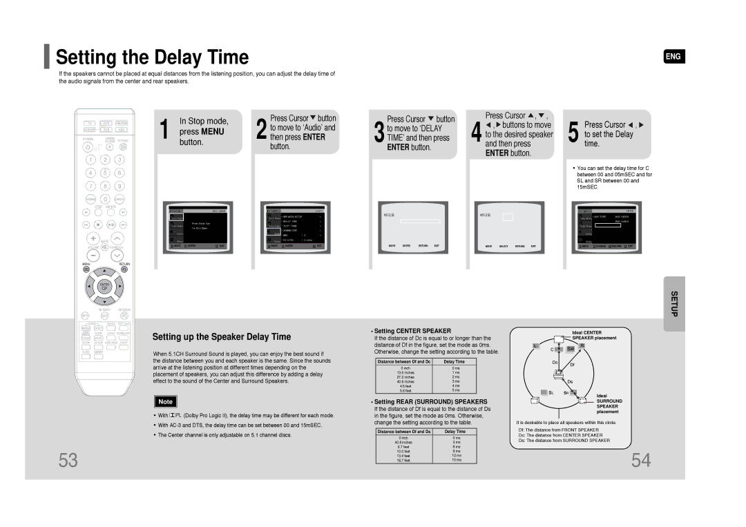 Samsung HT-Q45 instruction manual Setting the Delay Time, Setting Center Speaker, Setting Rear Surround Speakers 