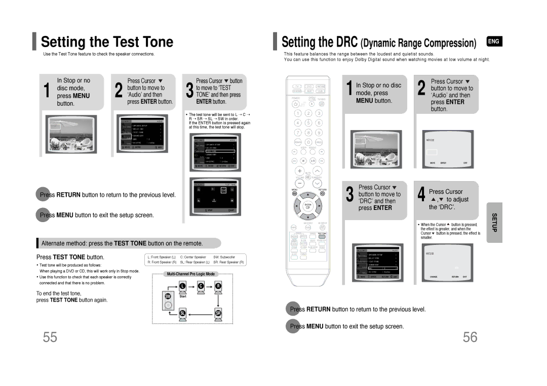 Samsung HT-Q45 instruction manual Setting the Test Tone, Disc mode, Stop or no disc mode, press Menu button 