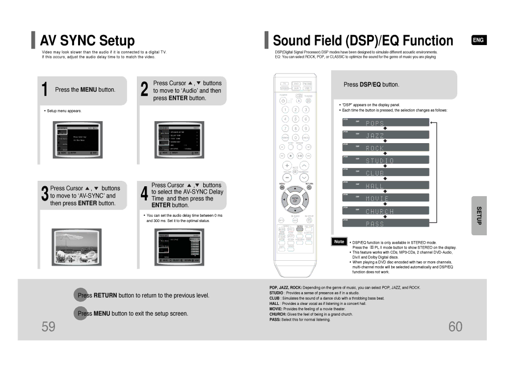 Samsung HT-Q45 instruction manual AV Sync Setup, Sound Field DSP/EQ Function, Press DSP/EQ button 