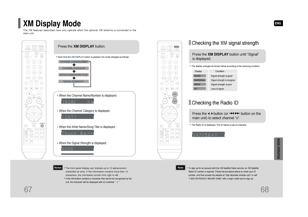 Samsung HT-Q45 instruction manual XM Display Mode, Checking the XM signal strength, Checking the Radio ID 