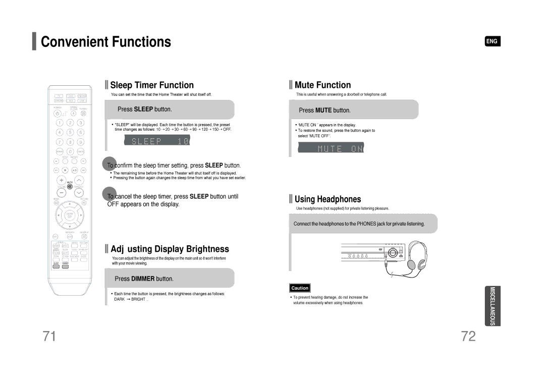 Samsung HT-Q45 instruction manual Convenient Functions, Press Sleep button, Press Dimmer button, Press Mute button 