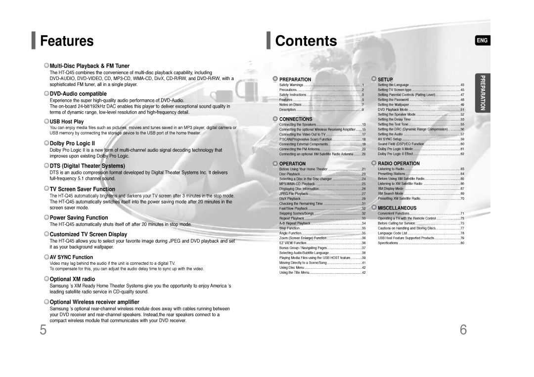 Samsung HT-Q45 instruction manual Contents 