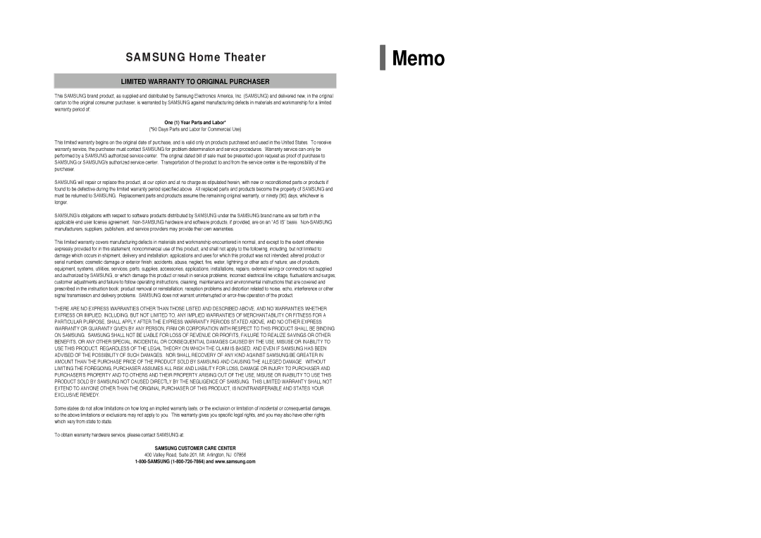 Samsung HT-Q45 instruction manual Memo, Samsung Home Theater 