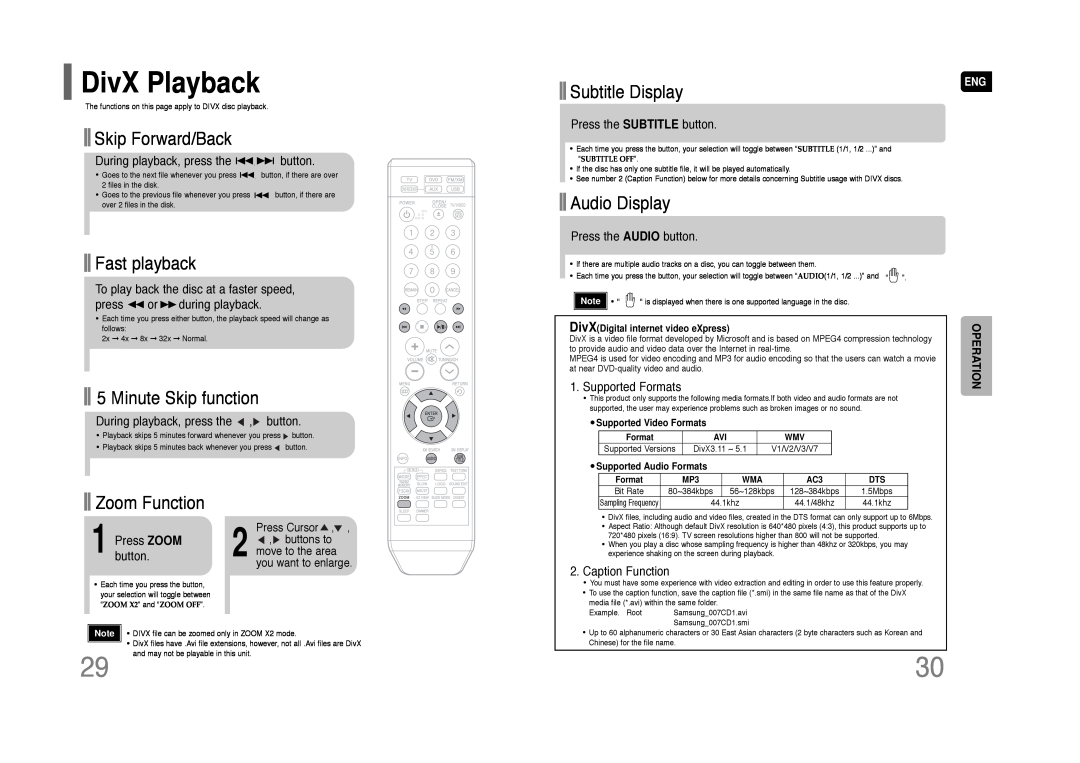 Samsung HT-Q45 DivX Playback, Skip Forward/Back, Fast playback, Minute Skip function, Subtitle Display, Audio Display 