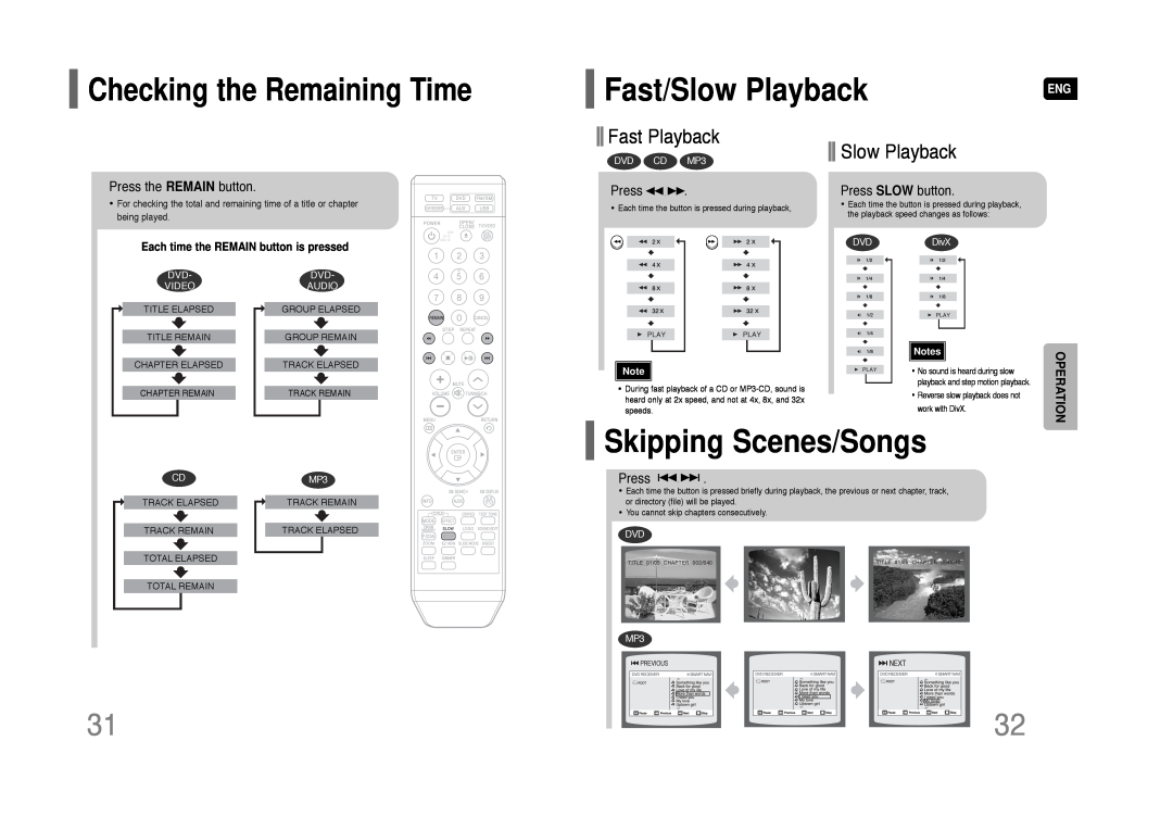 Samsung HT-Q45 Fast/Slow Playback, Skipping Scenes/Songs, Checking the Remaining Time, Fast Playback, Press, DVD CD MP3 