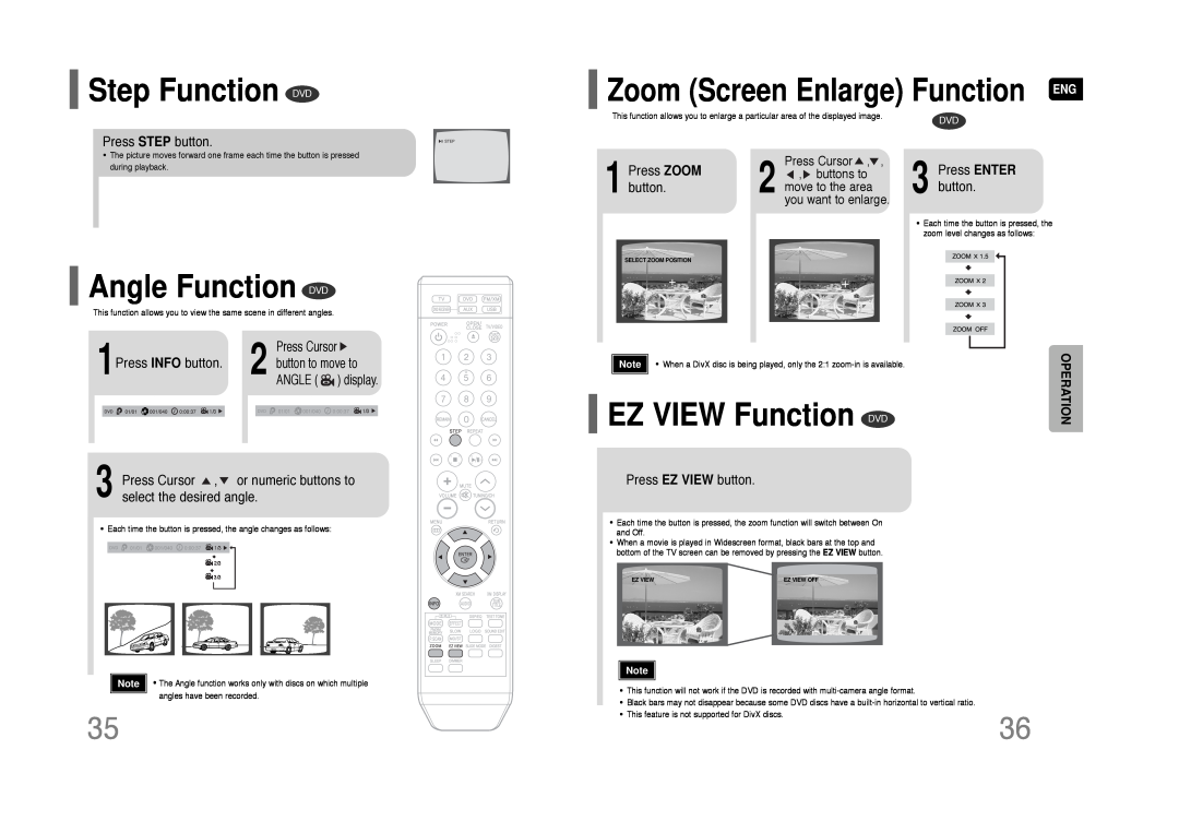 Samsung HT-Q45 Step Function DVD, Angle Function DVD, EZ VIEW Function DVD, Zoom Screen Enlarge Function ENG, Press Cursor 