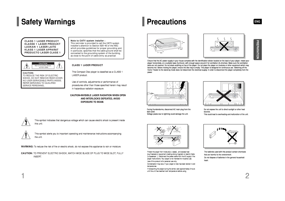 Samsung HT-Q45 instruction manual Safety Warnings, PrecautionsENG, Preparation, CLASS 1 LASER PRODUCT 