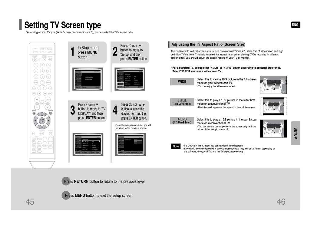 Samsung HT-Q45 Setting TV Screen type, In Stop mode, press MENU, button, Adjusting the TV Aspect Ratio Screen Size, Setup 