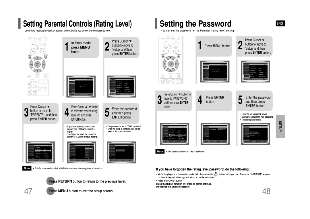 Samsung HT-Q45 Setting the Password, Setting Parental Controls Rating Level, Stop mode, press MENU, button, Setup 