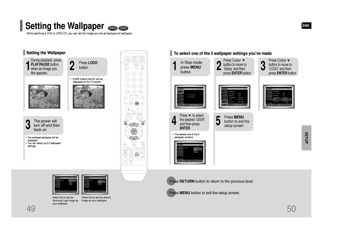 Samsung HT-Q45 Setting the Wallpaper JPEG DVD, In Stop mode, press MENU, button, The power will turn off and then back on 