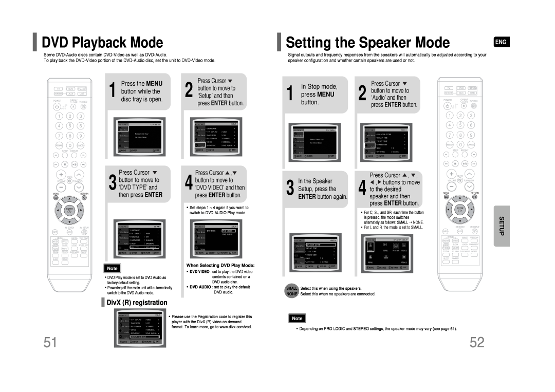 Samsung HT-Q45 Setting the Speaker Mode, DVD Playback Mode, DivX R registration, In Stop mode, press MENU, button, Setup 
