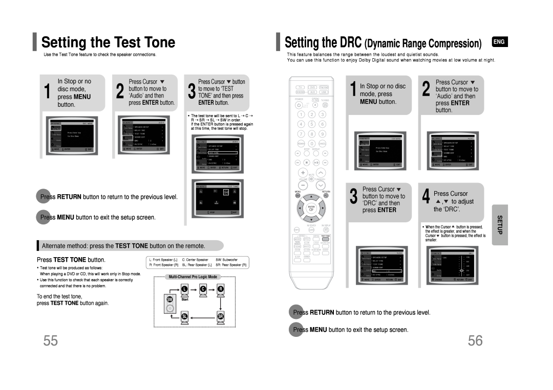 Samsung HT-Q45 instruction manual Setting the Test Tone, Setting the DRC Dynamic Range Compression, Setup 