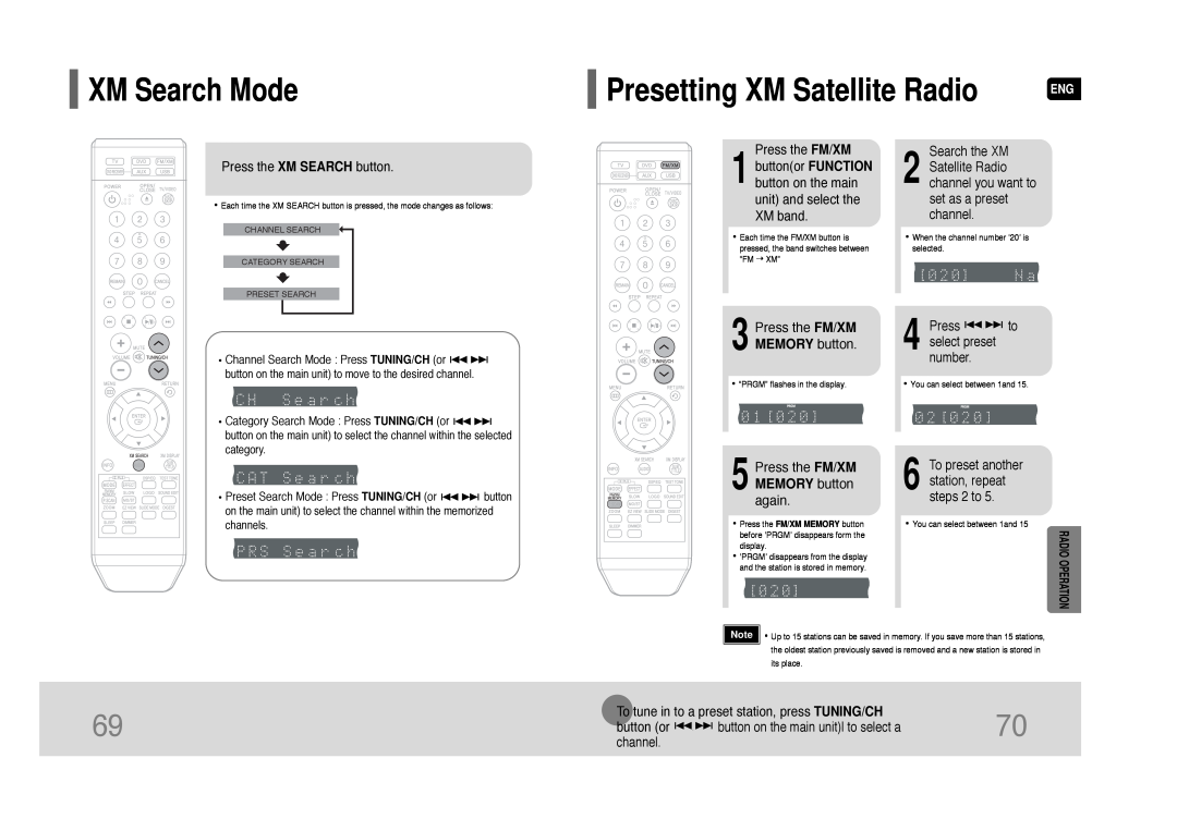 Samsung HT-Q45 Presetting XM Satellite Radio, XM Search Mode, Press the XM SEARCH button, Press the FM/XM, button or 