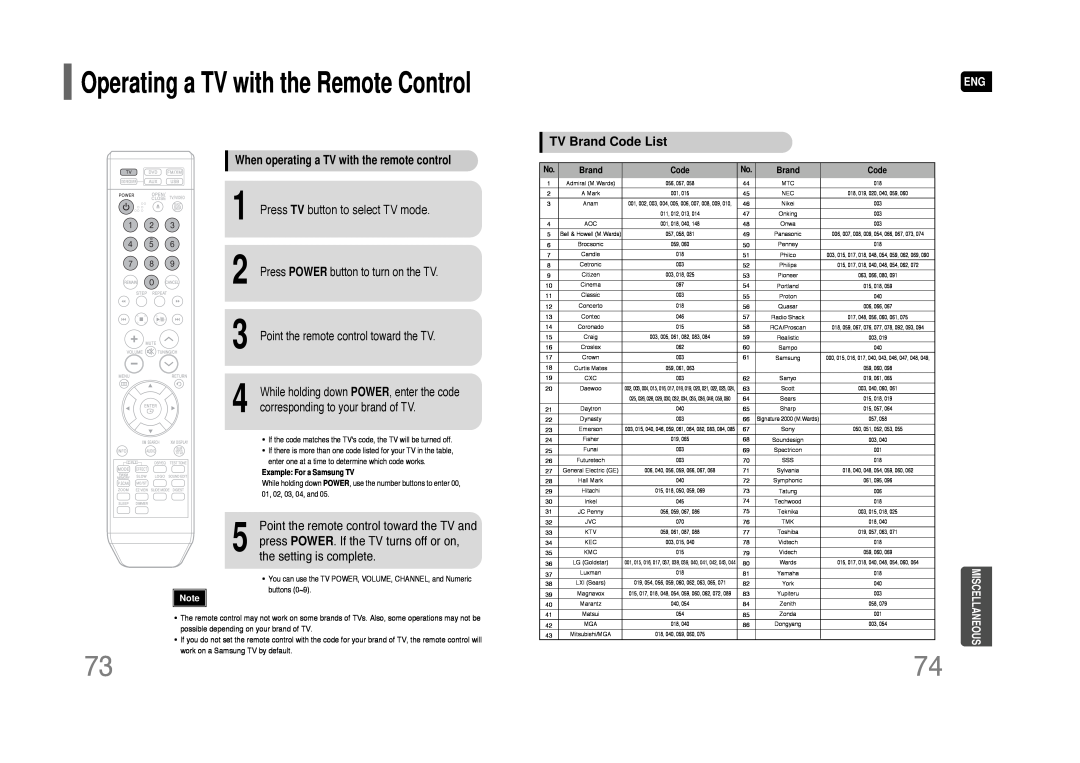 Samsung HT-Q45 Operating a TV with the Remote Control, TV Brand Code List, When operating a TV with the remote control 
