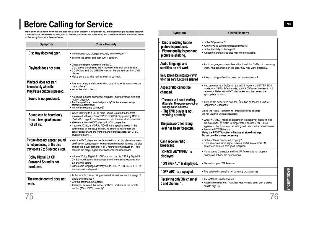 Samsung HT-Q45 instruction manual Before Calling for Service 