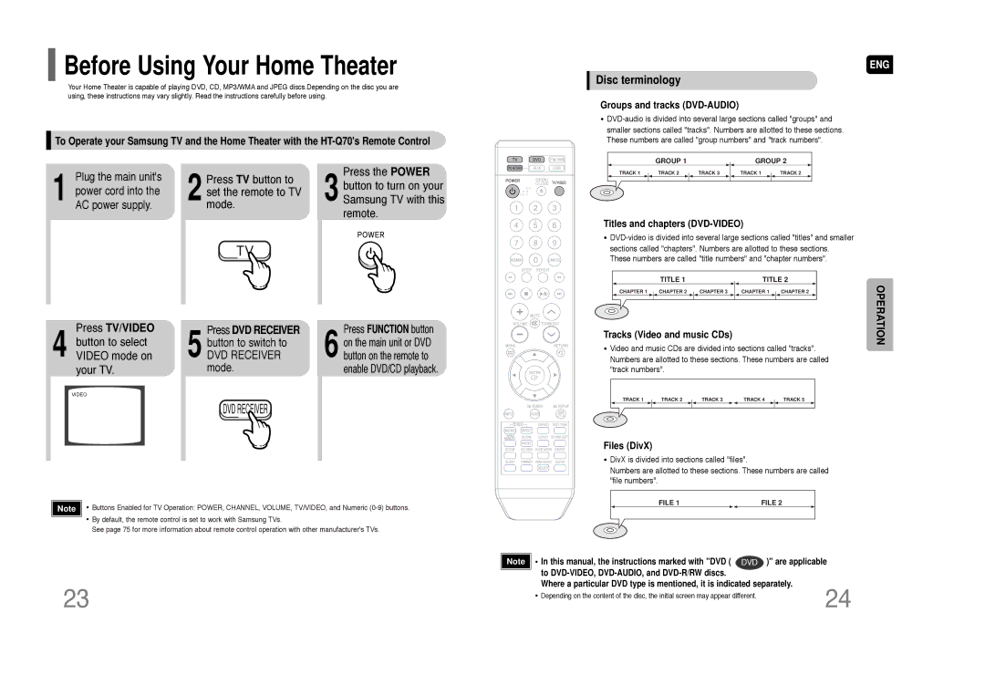 Samsung HT-Q70 instruction manual Power, Press TV/VIDEO, Disc terminology 